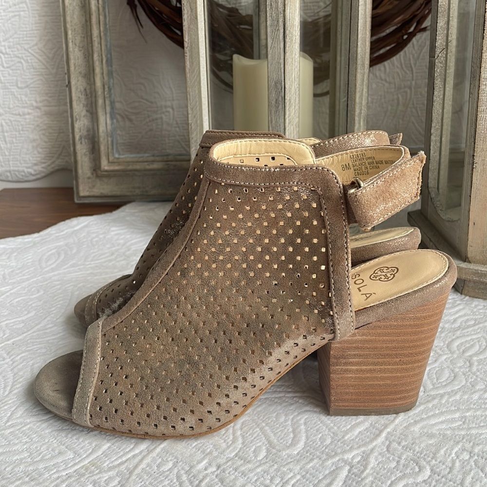 ISOLA Women's Lora Anthracite Suede Gold Shimmer Perforated Strap Heels Shoes 8